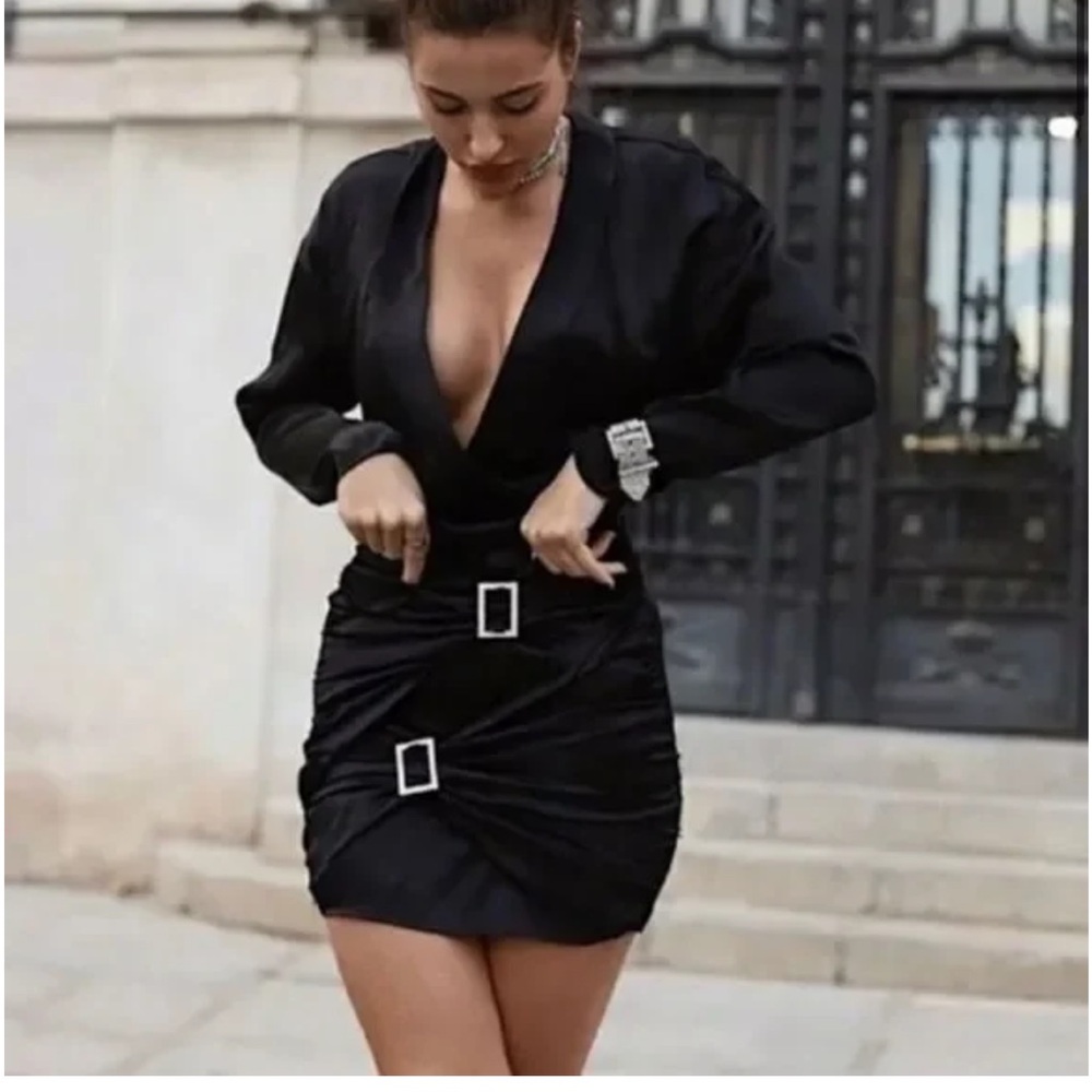 Zara Black Jewel Buckle Trim Satin Effect Long Sleeve Night Out Dress